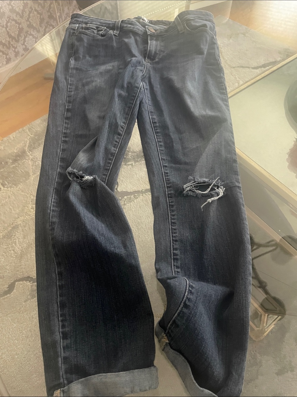 PAIGE Dark Wash Boyfriend Jeans with Knee Rips